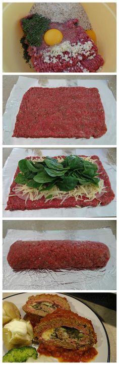 four different pictures of food being prepared on plates