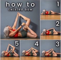 a woman doing yoga poses with the words how to twisted bow