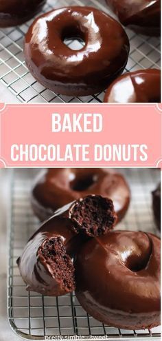 chocolate donuts on a cooling rack with the words baked chocolate donuts