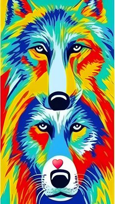 a colorful wolf with blue eyes and red nose