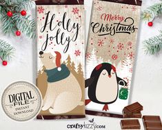 two christmas themed chocolate bars with penguins and snowflakes