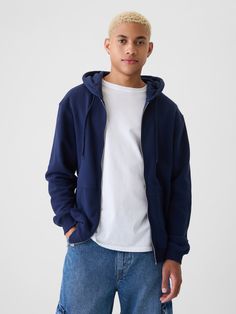 Soft cotton-blend hoodie.  Hooded neckline with drawcords.  Long sleeves with banded cuffs.  Zipper front.  Front kanga pockets.  Banded hem.  Straight silhouette with a relaxed fit.  Hits at the hip.  Models are 6′1″–6′2″ 185 cm–188 cm) with a 31″ 79 cm) waist & 32–33″ 81 cm–84 cm) inseam & are wearing Gap Casual Gap Sweats For Fall, Gap Cotton Sweatshirt For Fall, Gap Hoodie With Drawstring Hood In Relaxed Fit, Gap Hooded Hoodie For Streetwear, Gap Hoodie With Drawstring Hood And Relaxed Fit, Gap Hoodie With Adjustable Hood For Streetwear, Gap Sweatshirt With Adjustable Hood For Streetwear, Gap Sweatshirt With Double-lined Hood For Streetwear, Gap Hoodie Sweatshirt With Double-lined Hood