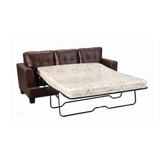 a brown leather sofa with a mattress on it