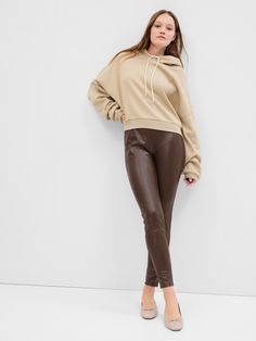 Vegan-Leather Ponte Leggings | Gap Factory Stone Leggings, Styling Leather Leggings, Women Leggings Outfits, Hot Pink Leggings, Leather Leggings Outfit, Pleather Pants, Fall Fashions, Ponte Leggings, Monochrome Outfit