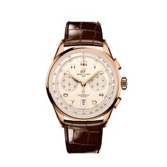 In the early 1940s, Willy Breitling was already dreaming of a time after the war, when utility would give way to unbridled optimism. He began designing a chronograph that would be functional but also undeniably elegant and infinitely wearable—in his words, “the unmistakable stamp of impeccable taste.” He called this new line the Premier. To create its modern Premier, Breitling preserved distinctive vintage-Premier details, including the smooth fixed bezel, twin-register dial, streamlined rectangular pushers and applied Arabic numerals. The Premier B01 Chronograph 42 is available in an array of dial colors and case materials. It comes on a choice of classic alligator leather strap or sleek 7-row metal bracelet. Today’s Premier also lives up to Willy Breitling’s uncompromising technical stan Breitling Watches, Model Features, Rose Gold Watches, Rose Gold Case, Brown Leather Strap, Heritage Collection, Gold Case, 100m, Automatic Watch