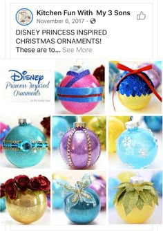 the disney princess inspired ornaments are all different colors and designs, but one is not