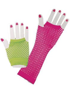 two pairs of pink and green gloves with white fingertipss on each hand, one in the