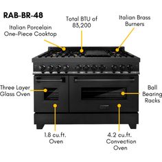 an image of a black stove and oven with labels on the front, labeled below