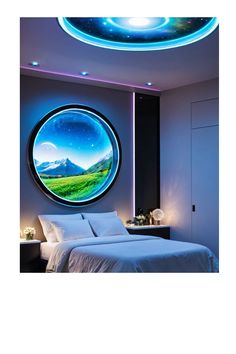 a bed sitting under a round window next to a night sky filled with stars and planets