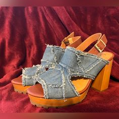 So Cute! Denim Heels. Sz 10 Trendy Denim Heels With Round Toe, Casual Denim Blue Heels With Round Toe, Denim Blue Denim Heels With Round Toe, Casual Denim High Heels, Denim Blue Heels With Round Toe, Casual Denim Platform Heels, Denim Open Heel Party Heels, Spring Denim Platform Heels, Denim Open Toe Heels With Heel Strap