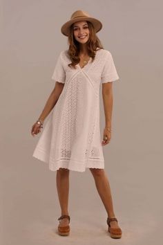 Women's Cute & Comfy Dresses Online Shopping - Petallush White Knee Length Dress, Knee Length Lace Dress, Summer Dresses Knee Length, Spring Dresses Women, Future Wardrobe, Wedding Clothes, Embroidered Midi Dress, Hat Ideas, Engagement Outfits