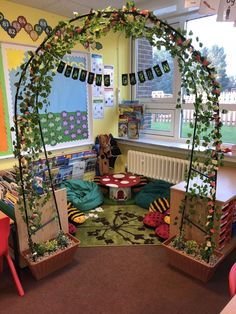 a classroom decorated with potted plants and decorations