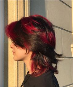 hair #color #wolfcut #redhair Red Hair Color Wolfcut, Red And Black Hair Color Short, Layered Hair With Red Tips, Black Hair Orange Bangs, Hair Dye Ideas With Black Hair, Red N Brown Hair, Alt Hair Color Ideas For Brunettes, Wolfachting Hair, Wolfcut Color Ideas