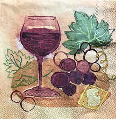 a painting of a glass of wine, grapes and cheese on a napkin with leaves