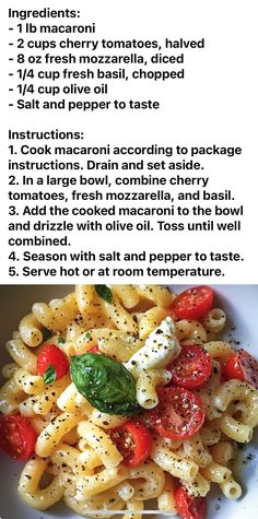 Pasta Sauces, Fresh Mozzarella, Fresh Basil, Large Bowl, Cherry Tomatoes, Macaroni, Mozzarella, Basil, Salt And Pepper