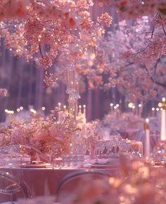 Crystalized Wedding Reception with Sakura Blossoms Cherry Blossom Sweet 16, Sakura Wedding Theme, Wedding Pink Theme, Retro Wedding Reception, Light Pink Wedding Theme, Pink Wedding Aesthetic, Kpop Wedding, Pink Pastel Wedding, Sweet Sixteen Pink