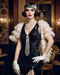 Roaring 20s Dress, Roaring 20s Dresses, Roaring Twenties Party, Sleek Black Dress, Jazz Outfits, Flapper Outfit, Elegant Gloves