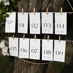 the table numbers are hung on clothes pins