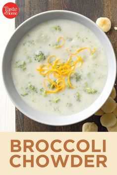 broccoli chowder in a white bowl on a wooden table