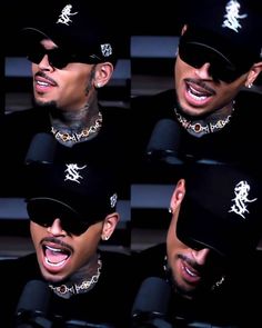 multiple shots of a man wearing sunglasses and a hat with chains around his neck, smiling at the camera