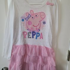 Peppa Pig Dress Brand New Never Worn No Tags Girls 5/6 Playful Long Sleeve Dresses For Sleepover, White Long Sleeve Dress For Sleepover, White Long Sleeve Playwear Dresses, White Long Sleeve Dress For Playwear, Cute White Dresses For Sleepover, Fun White Dress For Dress-up Occasion, Fun White Playwear Dress, Green Tulle Dress, Peppa Pig Dress