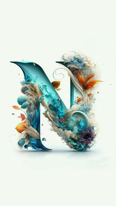 the letter n is made up of colorful flowers and leaves, with an artistic design