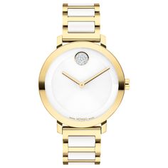 From Movado, the evolution of modern design with a sharp look and elevated feel. Crafted from pale yellow gold-toned ion-plated stainless steel, this timepiece features a statement-making 34mm case that houses a micro-textured white dial with slim hands and Movado's iconic dot motif at 12 o'clock in sparkling crystals. Completing the design is a flexible H-link bracelet that combines sleek white ceramic and pale-yellow gold-toned ion-plated stainless steel for a cool, contemporary finish. Dial: Modern White Diamond Watch With Round Dial, Modern Yellow Gold Diamond Watch With Round Dial, Modern White Diamond Watch With Metal Dial, Modern White Jewelry With Diamond Hour Markers, Slim Hands, Movado Bold, Wedding Day Jewelry, Ceramic Watch, Engagement Ring Guide