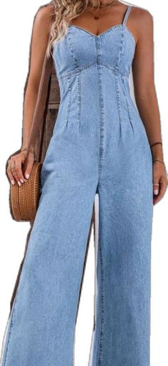 Chic Denim Overalls For Day Out, Chic Wide-leg Denim Jumpsuit, Chic Light Wash Denim Jumpsuit For Spring, Chic Summer Light Wash Jumpsuits And Rompers, Chic Denim Jumpsuits And Rompers For Summer, Spring Light Wash Overalls For Day Out, Chic Light Wash Jumpsuits And Rompers For Summer, Chic Summer Medium Wash Denim Jumpsuit, Chic Medium Wash Denim Jumpsuit For Summer