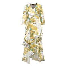 Featuring a refined print with a tropical macro pattern, this dress underlines your silhouette with grace. Enhanced with crossed ruffles in front and plunging back, seductive V neckline and embellished with tulip sleeves. Pair it with sandals for a casual bohemian style or with heels for a sophisticated look. An elegant item that will bring romance to your day or evening style. Main material 33% Rayon, 17% Nylon Machine wash, gentle cycle, 30 degrees max. Tropical Printed Dress For Brunch, Tropical Ruffle Dress For Garden Party, Spring V-neck Dress With Palm Tree Print, Tropical Print Dress For Brunch, Tropical Ruffle Dress For Brunch, Elegant Tropical Print Midi Dress, Elegant Tropical Print Dress For Garden Party, Tropical V-neck Midi Dress With Floral Print, Spring Tropical Dress With Leaf Print