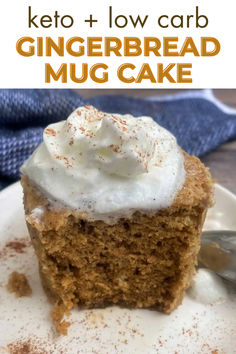 Inside image of a keto gingerbread mug cake topped with whipped cream and spices on a plate. Low Carb Cinnamon Mug Cake, Low Carb Mug Recipes, Keto Gingerbread Cake, Keto Blueberry Mug Cake, Gingerbread Mug Cake, Keto Gingerbread