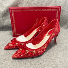 Brand New In Box And Dust Bag, Care Cards $1740 Ren Caovilla Cinderella 75 Lace Crystal Embellished Pumps In Red. Featuring Red, Leather, Sheer Lace Overlay, Crystal Embellishment, Slip-On Style, Pointed Toe And Mid Heel. Composition Sole: Leather 100% Outer: Acrylic 100% Inner: Leather 100% Size: Eu 37, Us 7, True To Size Brand Style Id: C10914075pi01x999 100% Authentic Guaranteed Glamorous Red Wedding Shoes For Formal Occasions, Embellished Pointed Toe Wedding Shoes For Evening, Embellished Evening Wedding Shoes With Pointed Toe, Fitted Red Heels For Events, Red Wedding Shoes For Evening, Embellished Pointed Toe Wedding Shoes For Gala, Elegant Red Heels For Cocktail, Luxury Embellished Wedding Shoes For Evening, Red Evening Heels