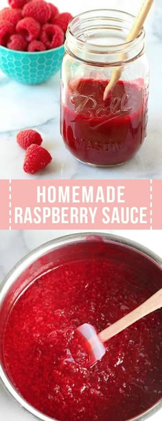 homemade raspberry sauce in a glass jar with a wooden spoon and fresh raspberries next to it