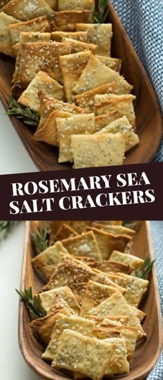 rosemary sea salt crackers on a wooden platter