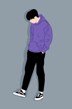 a man in a purple hoodie and black pants is standing against a wall with his head down