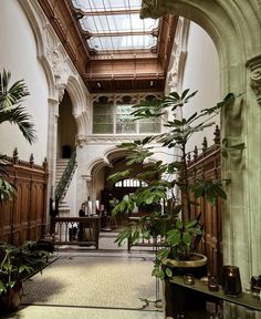 the inside of an old building with plants and potted trees on either side of the entrance