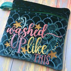 Featured is a Mermaid bag with smooth soft velvety scales and embroidered saying that reads I Washed Up Like This. The inside is lined with teal cotton fabric. Treat yourself to something special! Fun uses… - Beautiful teal mermaid scale bag with small elastic tab - Order as Party Favors - Birthday Gifts for the Mermaid you know - Give them something different and gift this to members of your bridal party - Small bag is great to keep your loose items together, fits in purse or bag - Use as Stock Teal Mermaid, Mermaid Bag, Birthday Mermaid, Mermaid Gifts, You Loose, Mermaid Scales