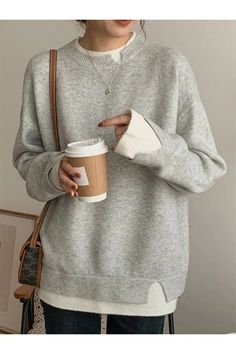 Gray Casual Graphic Tops Round Neck Long Sleeve Solid Sweaters Trendy Sweaters Women, Casual Sweaters Pullover, Casual Work Sweater, Gray Women’s Sweaters, Casual Tops With Cozy Fit, Office Casual Sweater, Affordable Comfy Winter Tops, Cheap College Tops For Fall, Relaxed Fit Sweater Women