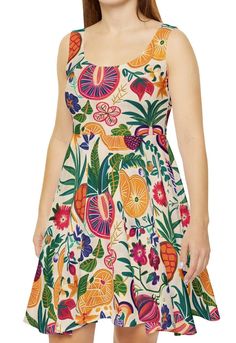 DESCRIPTION: Discover the perfect addition to your wardrobe with our exquisite tropical fruit print sleeveless dress. Designed for versatility, this dress is ideal for any occasion, from work to brunch, church, or everyday wear. Enhance its elegance by adding a blazer or cardigan to transition effortlessly from day to night. For a night out, pair it with statement jewelry to create a stunning look. Key Features: ▸Elegant Design: High cut scooped neckline and a circle cut asymmetrical hem that drapes beautifully. ▸Flattering Fit: More fitted on top with a flared skirt for a feminine silhouette. ▸Luxurious Fabric: Crafted from a blend of 83% polyester and 17% spandex, providing a bit of stretch and a smooth, slightly sheen finish. ▸Versatile Styling: Perfect for various occasions - work, bru Sleeveless Fruit Print Dress For Vacation, Tropical Print Sundress For Garden Party, Summer Beach Dress With Fruit Print, Multicolor Tropical Print Sundress For Garden Party, Casual Beach Dresses With Fruit Print, Beach Sundress With Fruit Print, Casual Sleeveless Fruit Print Dresses, Tropical Printed Dress For Brunch, Tropical Printed Cotton Dresses