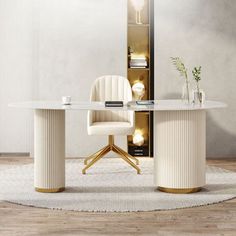 a white and gold dining table with two chairs next to it on a round rug