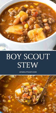 a bowl of soup with beans and potatoes is shown in the foreground text reads boy scout stew