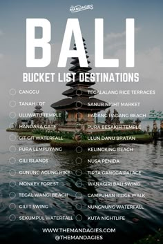 the bali bucket list is shown in front of a body of water with buildings on it