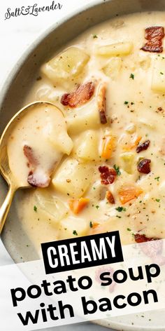 a bowl of creamy potato soup with bacon on the side and text overlay reading creamy potato soup with bacon