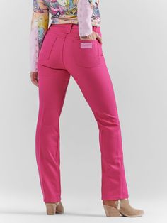 WranglerxBarbie Pink Patch Dress Pant Wrancher High Rise Bootcut 100% Recycled Polyester Fitted Jeans For Rodeo With Standard Cut Leg, Fitted Jeans For Rodeo With Standard Fit, Fitted Jeans For Rodeo, Fitted Pants With Hip Pockets, Straight Leg Bottoms For Rodeo, Fitted Straight Leg Jeans For Rodeo, Retro Fitted Mid-rise Pants, Retro Mid-rise Pants, Fitted Flare Jeans With Standard Cut Leg For Spring