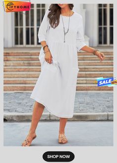 Maxi Solid 3/4 Sleeve Dress Casual Summer Dresses With 3/4 Sleeves, Casual Beach Midi Dress With Half Sleeves, Casual Shift Dress With 3/4 Sleeves, Casual Midi Dress With 3/4 Sleeves For Summer, Casual Solid Color Midi Dress With Half Sleeves, Casual Half Sleeve Midi Dress In Color, Solid Color 3/4 Sleeve Dress For Daywear, Relaxed Fit 3/4 Sleeve Midi Dress For Summer, Solid Color Day Dresses With 3/4 Sleeves