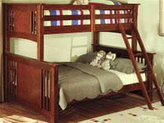 there is a bunk bed with a ladder on the bottom and two stuffed animals on top