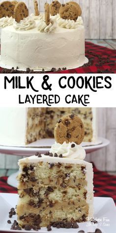 two pictures with the words milk and cookies layered cake