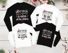 Most Likely To T-shirt, Long Sleeve Family Matching, Holiday Matching Outfits, Personalized Long Sleeve Shirt, Most Likely To Sweatshirt, Christmas Family Shirt, Funny Long Sleeve Tees, Custom Family Hoodies, Youth Long Sleeve Christmas Shirt, Matching Christmas Sweatshirts. * High quality and super soft, comfortable shirt. Made with top-of-the-line vinyl and pressed with a professional grade heat press. * Please check all color and size charts before place the order. Since all shirts are custom White Letter Print Top For Holiday, White Letter Print Tops For Holiday, White Graphic Tee For Holidays, White Long Sleeve T-shirt For Holiday, Black Cotton Holiday Top, Black Holiday Tops With Letter Print, Black Holiday Top With Letter Print, Black Tops With Letter Print For Holiday, Black Long Sleeve Holiday Shirt