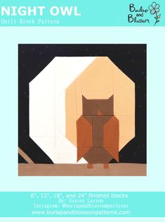 the night owl quilt block pattern is shown in brown and white colors, with an orange cat on it's back