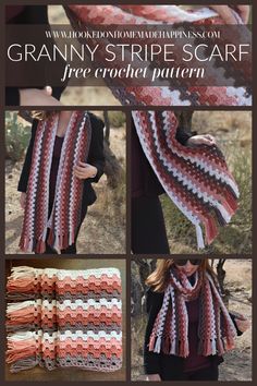 crocheted granny stripe scarf with text that reads granny stripe scarf free crochet pattern