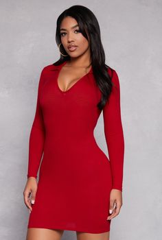 Ambiance, Shirt Dress, Short Length Dress, Long Sleeves, Polo Collar, Solid, Belt Not Included, Ribbed Knit, Item Number 3094054266031 Shirt Dress Short, Long Sleeves Polo, Female Outfits, Johnny Collar, Dress Long Sleeves, Rainbow Shop, Dress Short, Polo Collar, Dress Red